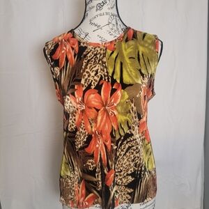 Plisse Colorful Floral Crinkle Pleated Tank Top. Size Large
